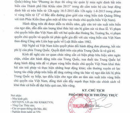 Trung Quốc cấm biển, ngư dân Việt Nam gửi công văn phản đối